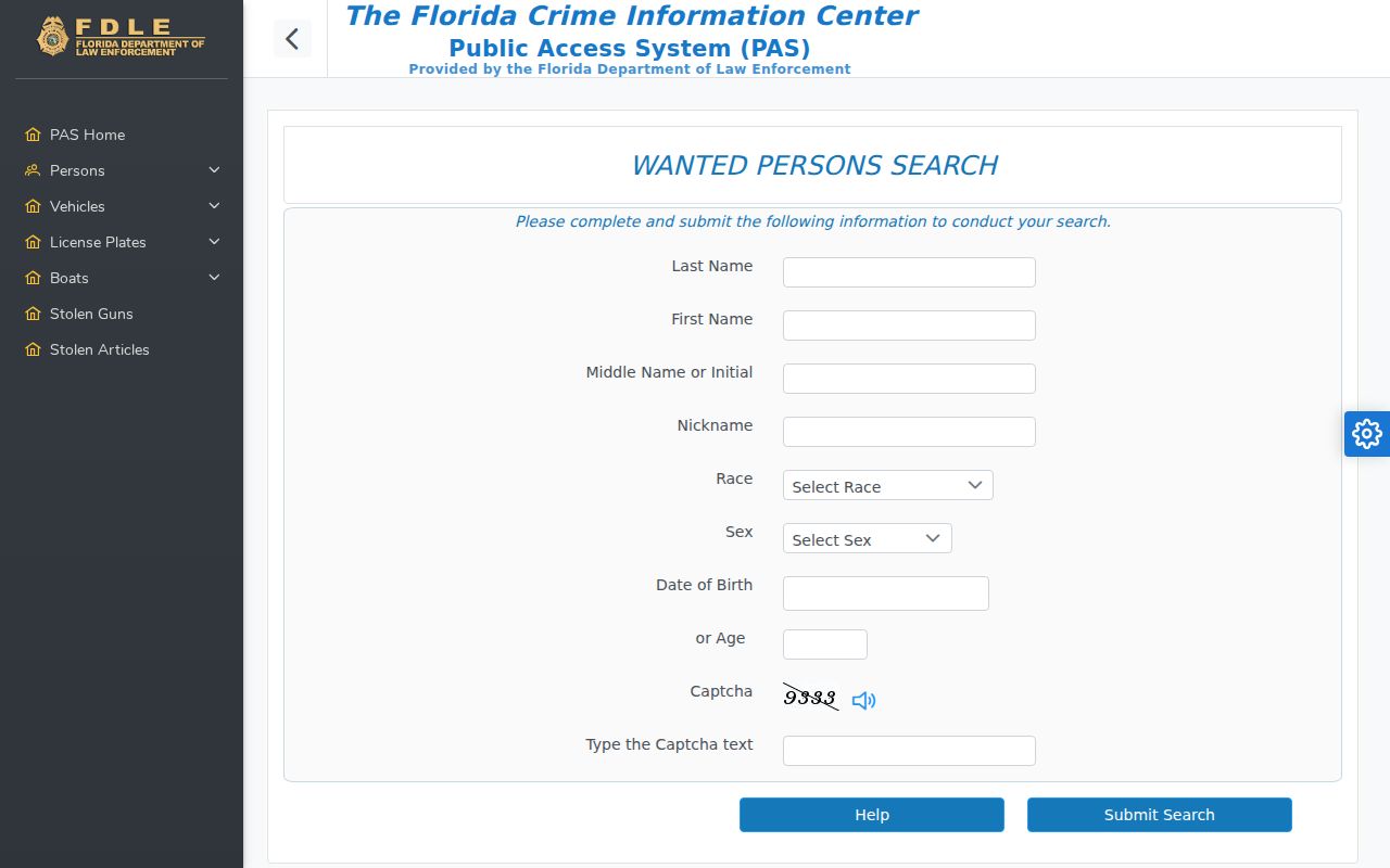 FDLE FCIC public wanted-person search form