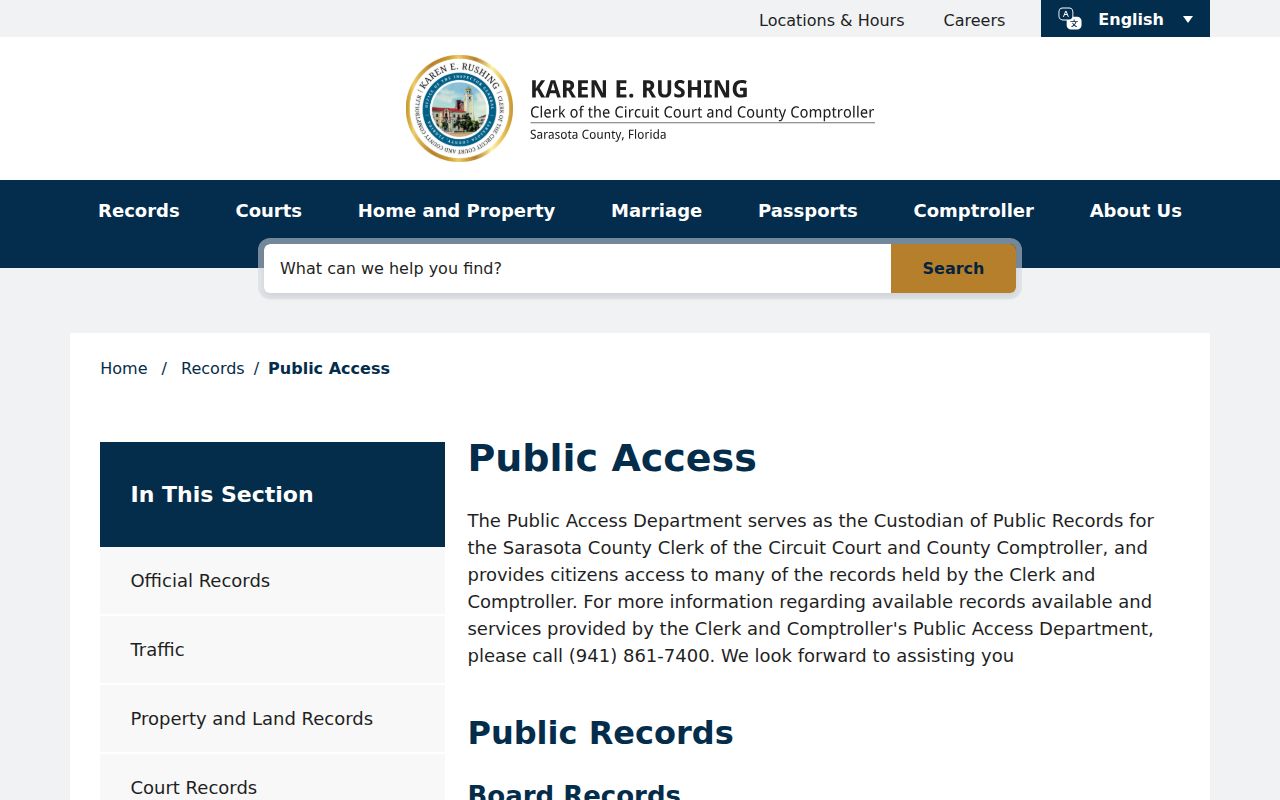 Sarasota Clerk Public Access records counter and request options