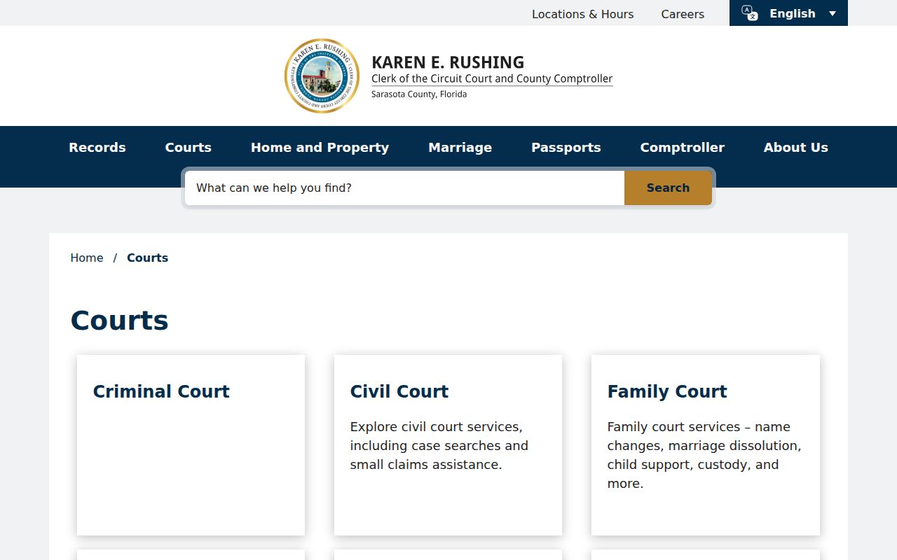 Sarasota Clerk court services and ClerkNet entry page