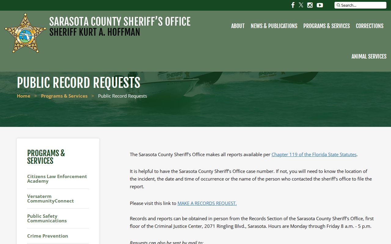 Sarasota County Sheriff Records Section request page
