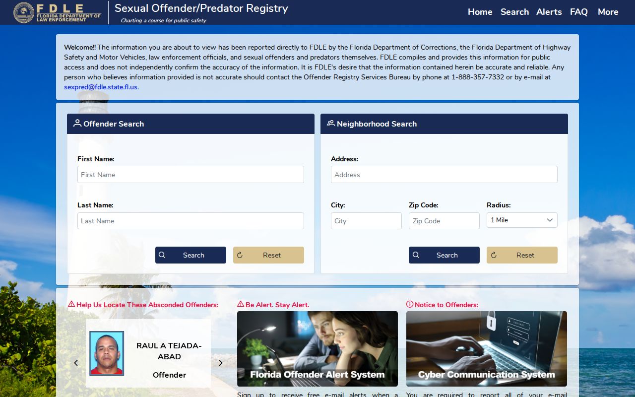 FDLE registry data-source and public safety warning